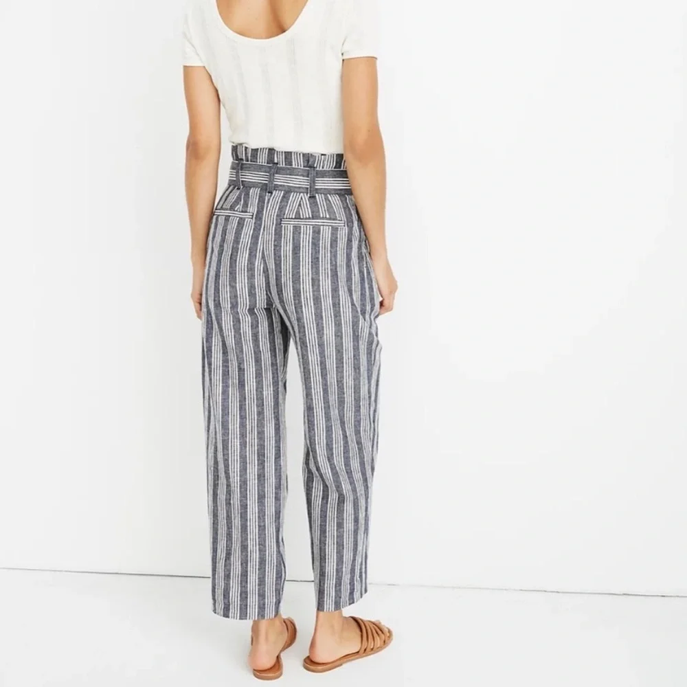 BOGO! Madewell Linen Blend Paperbag Waist Striped Pants Navy 8 - Picture 2 of 10